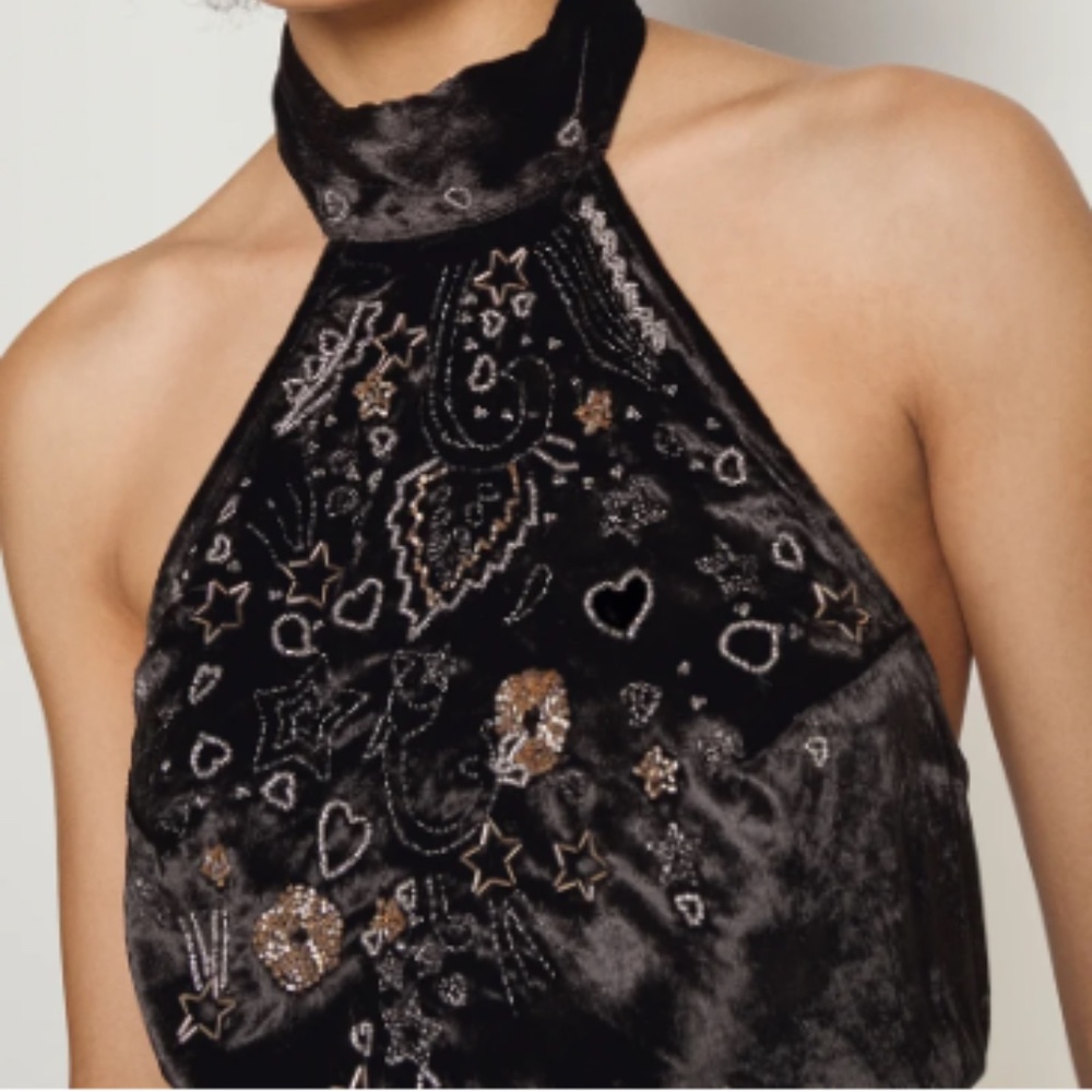 Free People Arianna Beaded Velvet Halter Top Size L